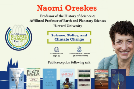 Image of Naomi Oreskes with her books and event details